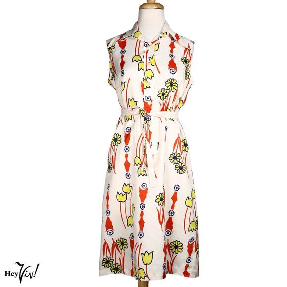 Vintage Ship n Shore Sleeveless Dress Yellow Red Daisy Print L B36 W36 - Hey Viv - Picture 2 of 8